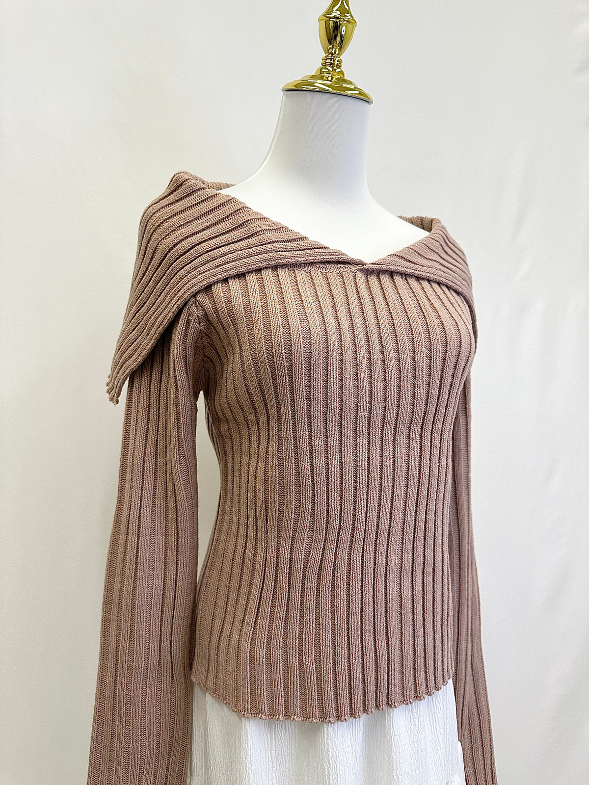 Square collar pitted knitted long sleeves