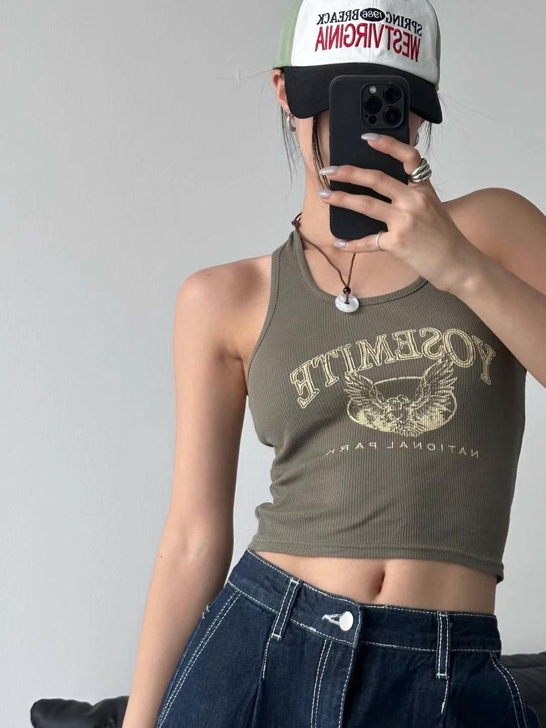 y2k hanging neck printed suspender